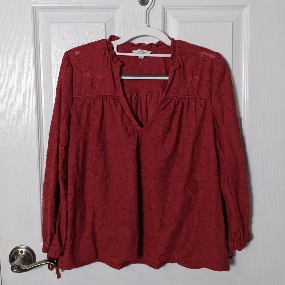 EUC Lucky Brand Red Lace Bohemian Sheer 3/4‎ Sleeve Blouse Top Size XS
